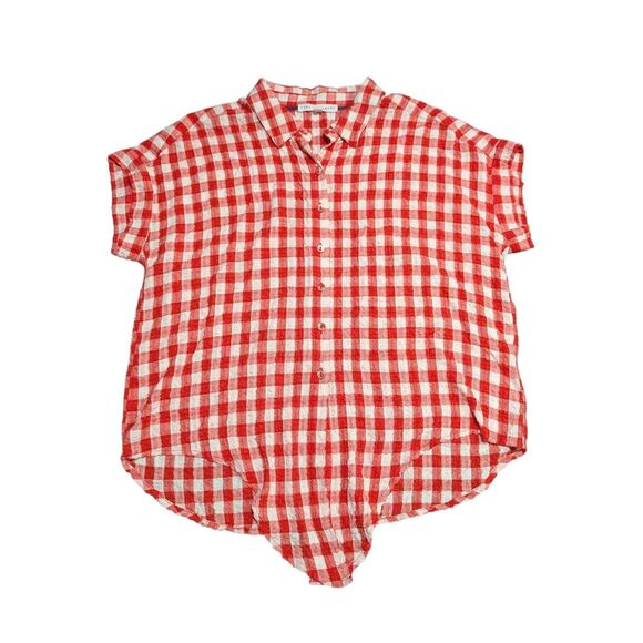 Jane + Delancey Top Red Gingham Check Short Sleeve Button Up Flowy Picnic Women' - Picture 1 of 4